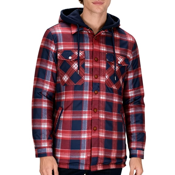 DPTALR George Men's Slim Fit Fake Two-Piece Fleece Jacket Checkered Hooded Casual Long Sleeve with Pockets,Red,Big and Tall Man XXXL