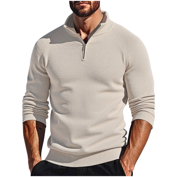 DPTALR Men's Slim Fit Lightweight Quarter Zip High Neck Knitted Casual Sweater,Beige,XL