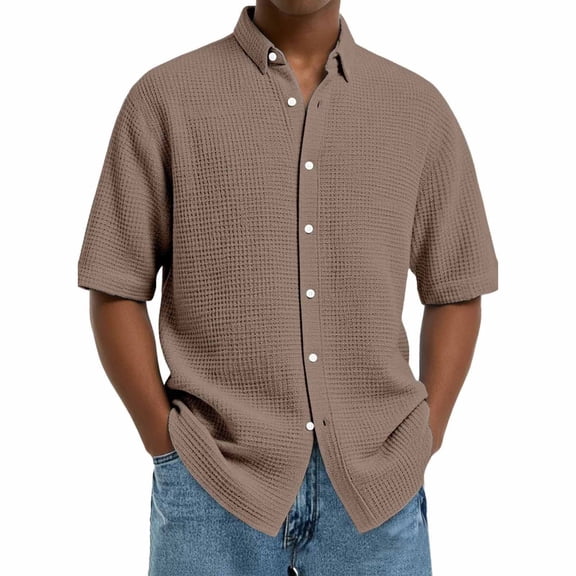 DPTALR George Men's Slim Fit Solid Button Shirt Short Sleeve Turndown Collar Business Casual Style,Coffee,Big and Tall Man XXL