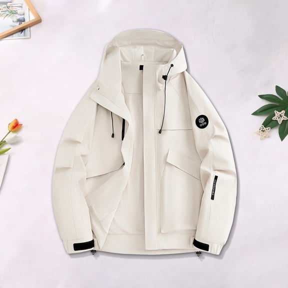 DPTALR George Men's Slim Fit Solid Color Hooded Jacket Full Zipper Pocket Long Sleeve Casual Fashion,White,Big and Tall Man M