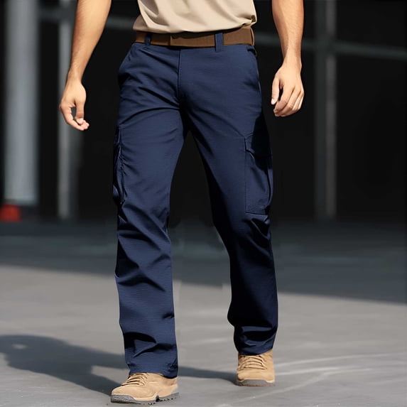 DPTALR Men's Solid Casual Cargo Pants, Elastic Waist, Pocket Design for Outdoors, Navy Big and Tall Men XXXL