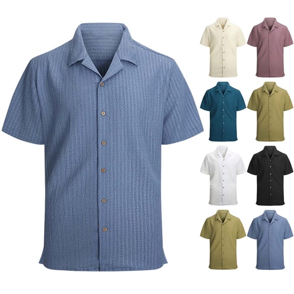 DPTALR Men's Solid Color Beach Turndown Collar Button Short Sleeve Loose Casual Shirt,Black,Big and Tall Men L