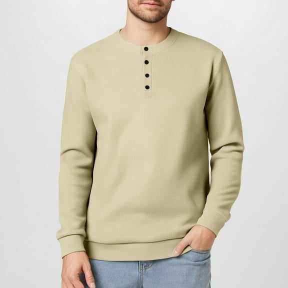 DPTALR George Men's Solid Color Button Round Neck Knitted Long Sleeved Shirt,Beige,Big and Tall Men M