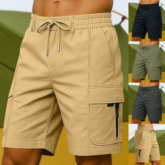 DPTALR Men's Solid Color Cargo Shorts Quick-Dry Breathable Sports Fitness Training Multi-Pocket Shorts,Khaki,Big and Tall Men L