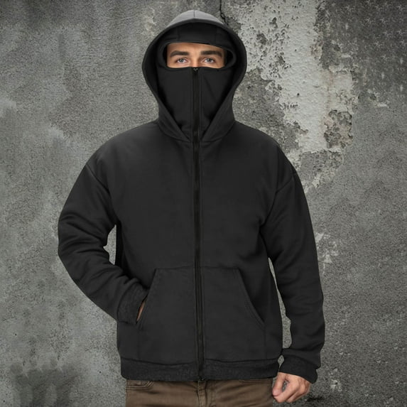 DPTALR George Men's Solid Color Cargo Warm Long Sleeve Hooded Pocket Sports Training Casual Jacket,Black,Big and Tall Men S