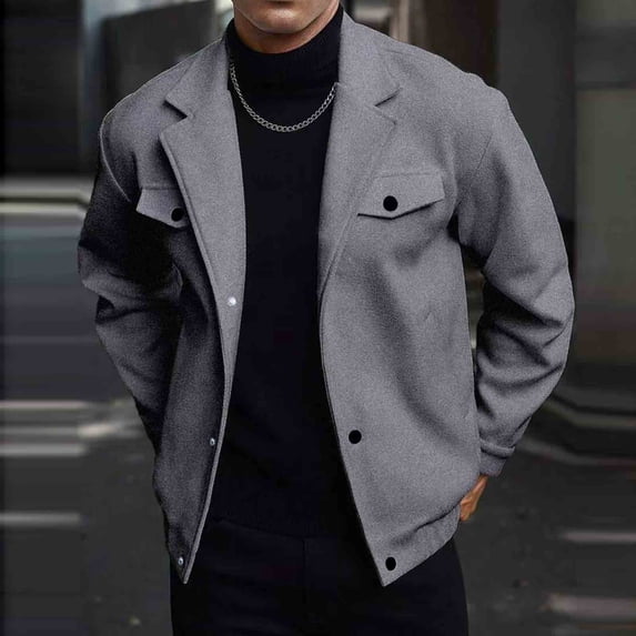 DPTALR Men's Solid Color Casual Fashion Slim Long Sleeve Turndown Collar Jacket with Pocket Buckle,Gray ,XXL