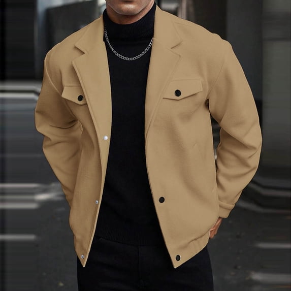 DPTALR Men's Solid Color Casual Fashion Slim Long Sleeve Turndown Collar Jacket with Pocket Buckle,Khaki ,XL
