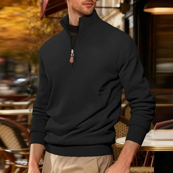 DPTALR Men's Solid Color Casual Loose Twill Half-Zipper Long Sleeve Stand-Up Collar Sweatshirt,Black,XL