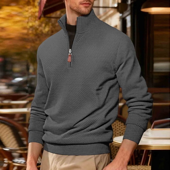 DPTALR Men's Solid Color Casual Loose Twill Half-Zipper Long Sleeve Stand-Up Collar Sweatshirt,Dark Gray,S