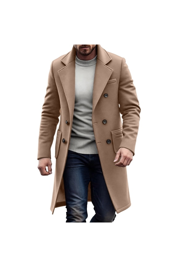 Men's Solid Color Double Breasted Woolen Lapel Trench Coat,Coffee,S