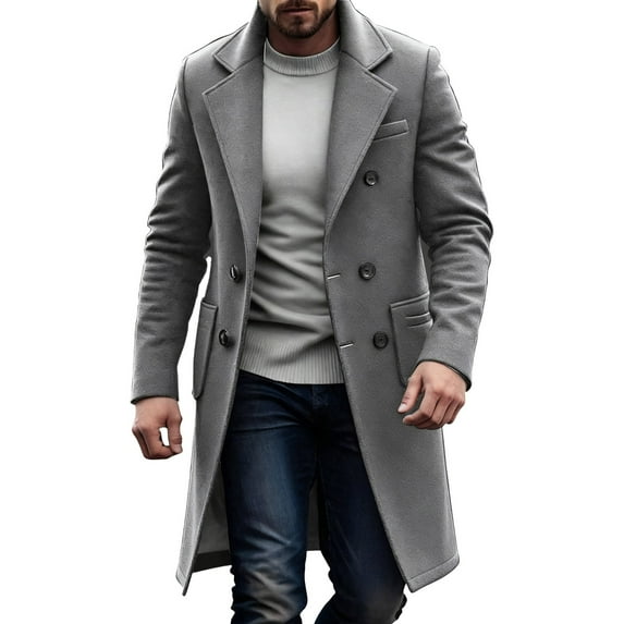 DPTALR George Men's Solid Color Double Breasted Woolen Lapel Trench Coat,Gray Big and Tall Men M