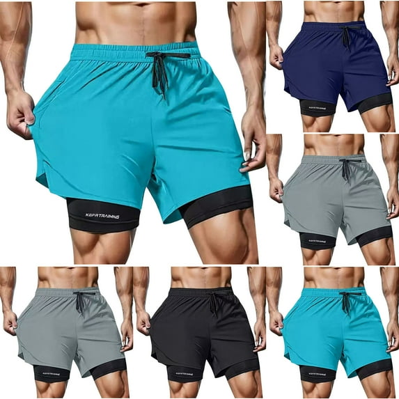 DPTALR Men's Solid Color Double Layer Shorts Loose Drawstring Casual Sports Exercise,Navy,XS