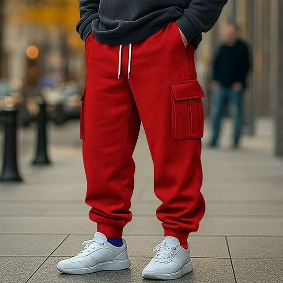 DPTALR Men's Solid Color Elastic Waist Cargo Workwear Pants with Drawstring Pockets,Casual Utility Trousers,Red,Big and Tall Men XL