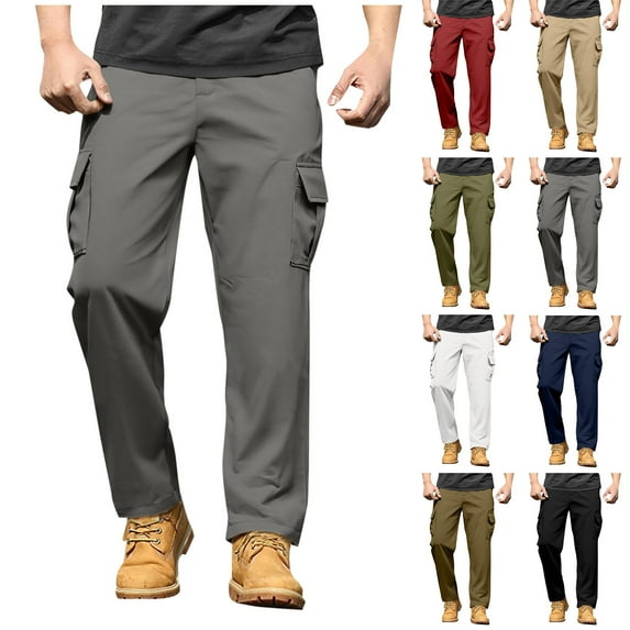 DPTALR Men's Solid Color Elastic Waist Casual Full-Length Pants with Pockets,Khaki,Big and Tall Men M