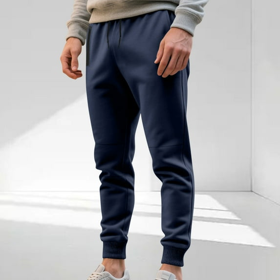 DPTALR Men's Solid Color Elastic Waist Drawstring Pocket Sports Ankle Pants,Navy Big and Tall Men L