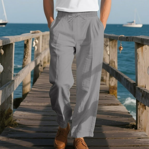 DPTALR George Men's Solid Color Elastic Waist Drawstring Wide Leg Beach Pants with Pockets,Gray Big and Tall Men XXXL