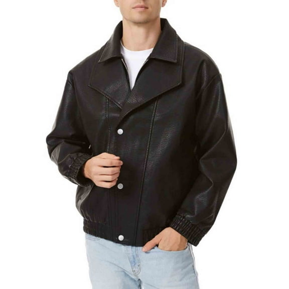 DPTALR George Men's Solid Color Fashion Windproof Warm Faux Leather Jacket with Zipper Pocket,Long Sleeve,Black,Big and Tall Men XL