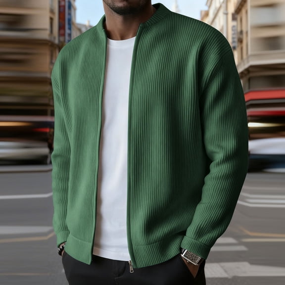 DPTALR George Men's Solid Color Hoodless Zipper Cardigan Long Sleeve & Casual Style,Green,Big and Tall Man XXL