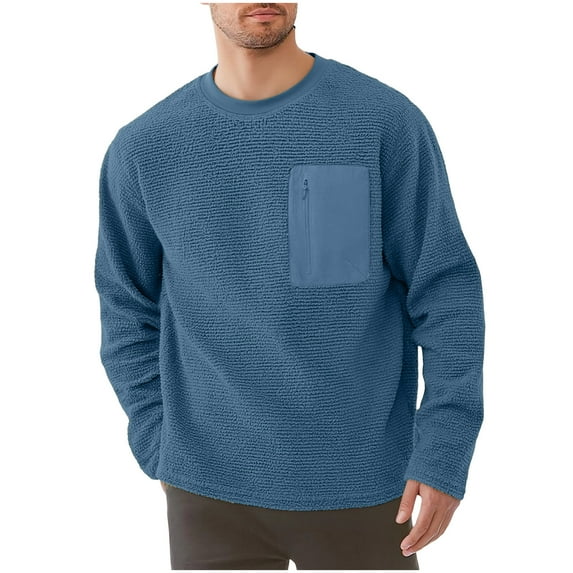 DPTALR Men's Solid Color,Long Sleeve,Round-Neck,Fleece,Pullover Sweatshirt,Blue,， M