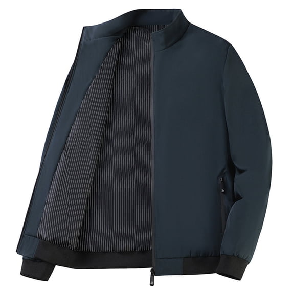 DPTALR Men's Solid Color Long Sleeve Stand-Up Collar Zipper Cardigan Jacket,Blue,Big and Tall Men M
