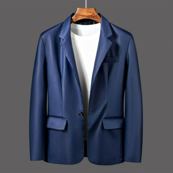 DPTALR George Men's Solid Color Long-sleeved Leather Suit Jacket Casual & Business,Blue,Big and Tall Men M