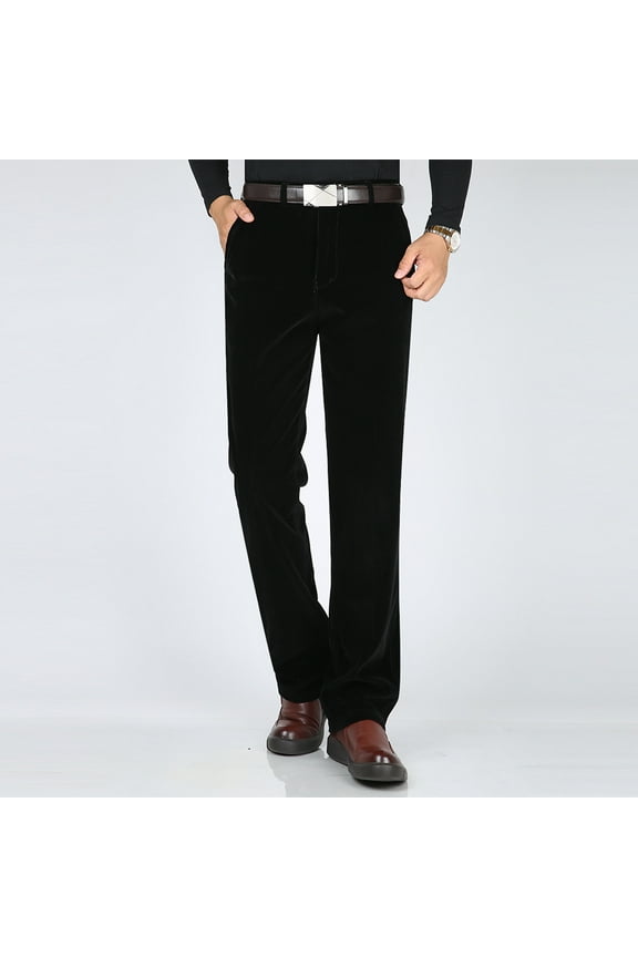 Men's Solid Color Middle aged Corduroy High Waist Trousers with Button Zipper Pockets,Black Big and Tall Men XXXXL