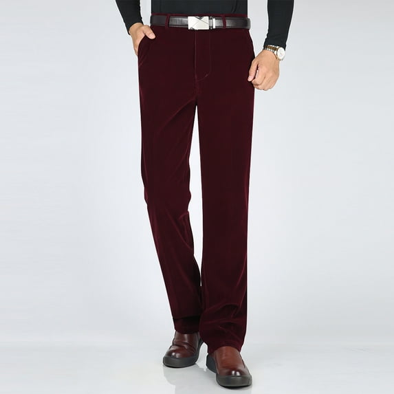 DPTALR Men's Solid Color Middle aged Corduroy High Waist Trousers with Button Zipper Pockets,Wine Big and Tall Men XXL