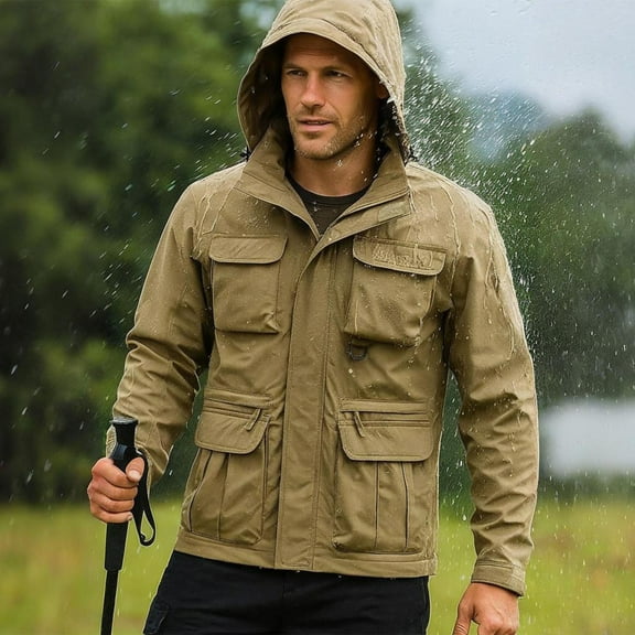 DPTALR George Men's Solid Color Outdoor Sports Jacket with Long Sleeves ，Pocket & Zipper for Climbing,Running,Khaki,Big and Tall Men L