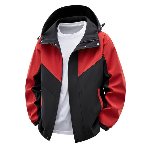DPTALR George Men's Solid Color Patchwork Jacket,Long Sleeve Zipper Pockets,Red,Big and Tall Men XL