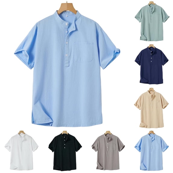 DPTALR Men's Solid Color Stand Collar Button Pocket Short Sleeve Casual Shirt,Gray, XXXXXL