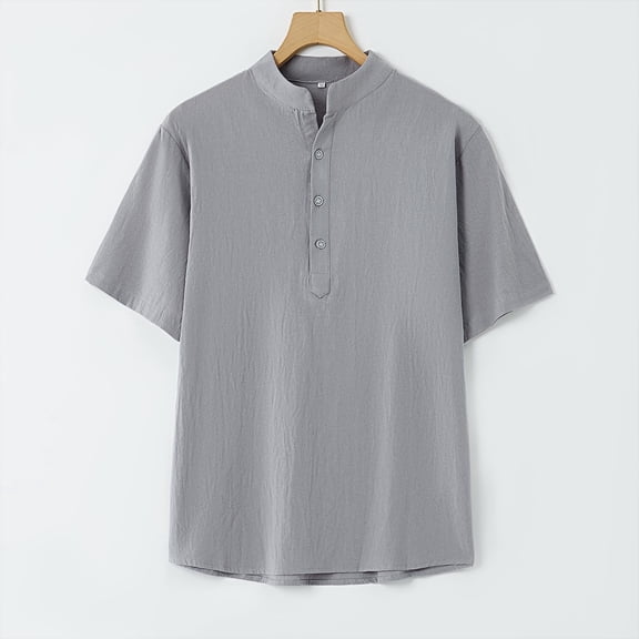 DPTALR George Men's Solid Color Stand Collar Half-Button Placket Short-Sleeve Casual Shirt,Gray,Big and Tall Men XL