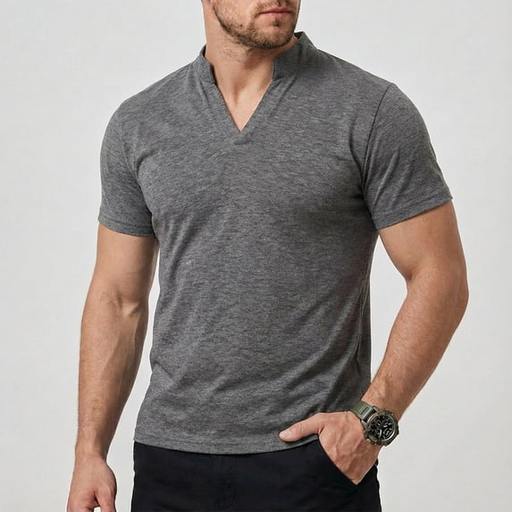 DPTALR Men's Solid Color V-Neck Casual Elastic Breathable Short Sleeve T-shirt,Dark Gray, S