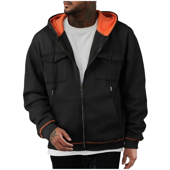 DPTALR Men's Solid Color Zip-Up Hooded Sweatshirt Jacket with Multiple Pockets,Long Sleeved,Black,Big and Tall Men M