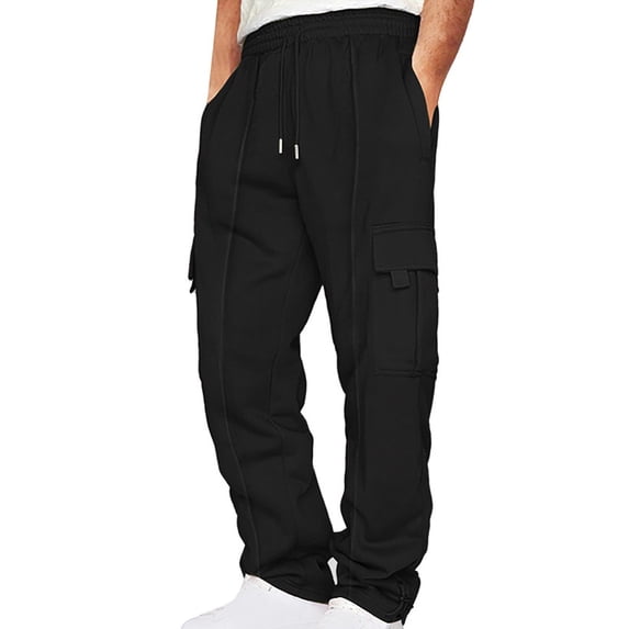 DPTALR Men's Solid Fleece Heavyweight Cargo Pants Black Big and Tall Men L