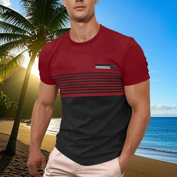 DPTALR George Men's Striped Color Block Crewneck Short Sleeve Summer Tees,Wine,Big and Tall Men XXL