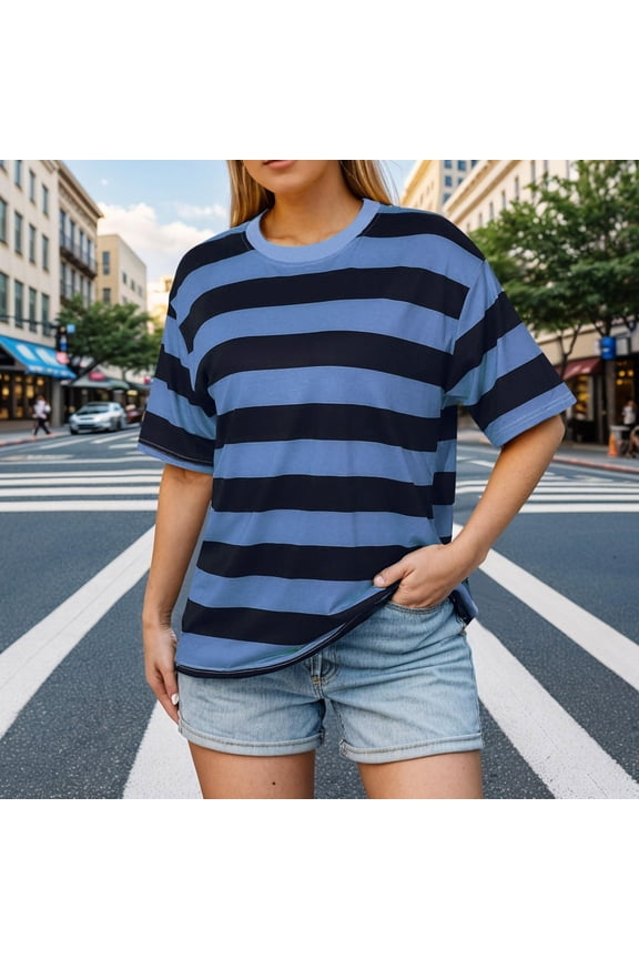 Men's Striped Crewneck Short Sleeve Soft Elastic Basic Pullover Tee Shirt,Black White Stripe,Blue,Size S
