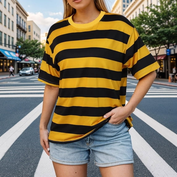 DPTALR Men's Striped Crewneck Short Sleeve Soft Elastic Basic Pullover Tee Shirt,Black White Stripe,Yellow,Size XXXL