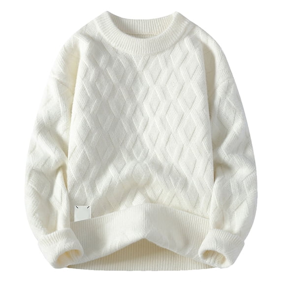 DPTALR Men's Striped Thickened Knit Loose Casual Round Neck Sweater with Warmth Style,White,XL