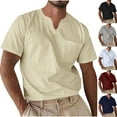 thumbnail image 1 of DPTALR Men's Summer Casual Fashion Solid Color V-Neck Pocket Short Sleeve Shirt,Khaki, L, 1 of 4