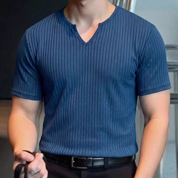 DPTALR Men's Summer Fashionable Solid Color V-neck Elastic Breathable Casual Short Sleeve T-shirt,Navy, XL