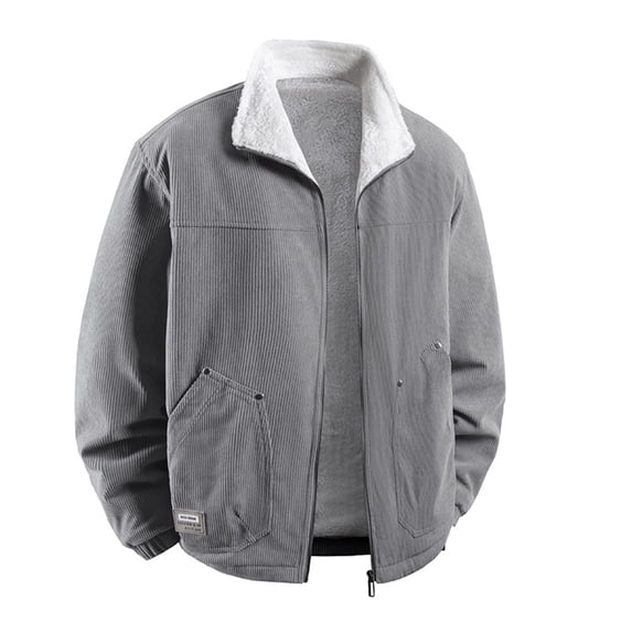 DPTALR Men's Thickened Corduroy Jacket Standing Collar Long Sleeve with Zipper Pocket Casual Outwear,Gray, M