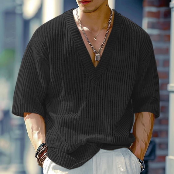 DPTALR Men's V Neck Waffle Knit Shirts,Casual Short Sleeve Solid Tees,Black,XL