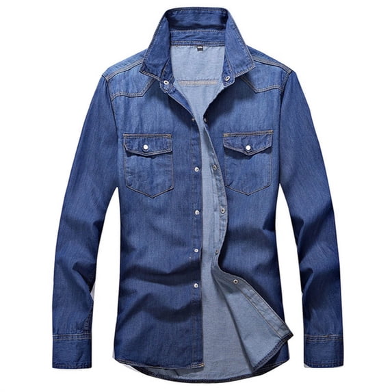 DPTALR Men's Vintage Denim Shirt Jacket Lapel Button Long Sleeve with Pockets Casual,Dark Blue, L