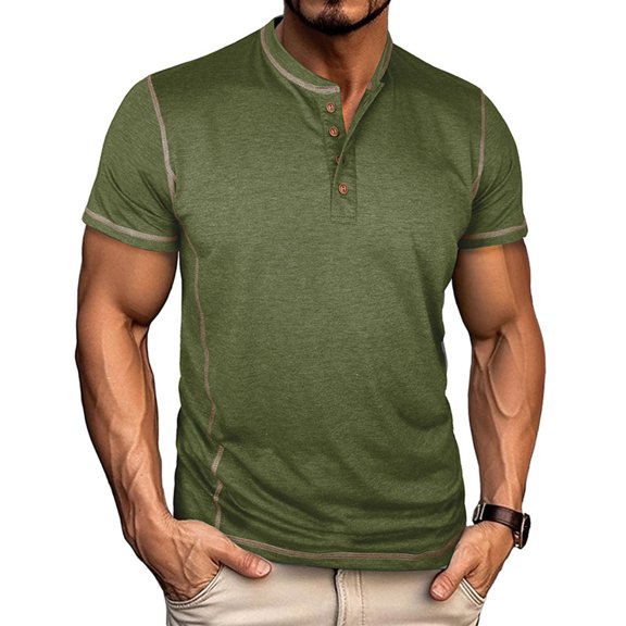 DPTALR George Men's Vintage Patchwork Casual Shirt Solid Color Button Short Sleeve Style,Army Green,Big and Tall Man S