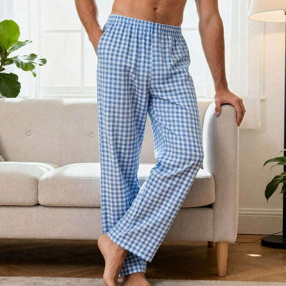 DPTALR Men's Vintage Plaid Straight-Leg Sweatpants,Elastic Waist Loose Casual Pants with Pockets,Light Blue,L