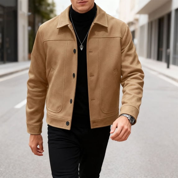 DPTALR Men's Vintage Solid Color Outdoor Pocket Turndown Collar Long Sleeve Jackets,Khaki, M
