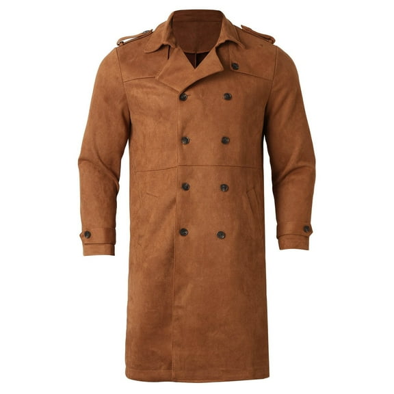 DPTALR George Men's Vintage Suede Coat，Mid To Long Lapel Double Breasted Windbreaker，Solid Color Overcoat,Brown,Big and Tall Men L