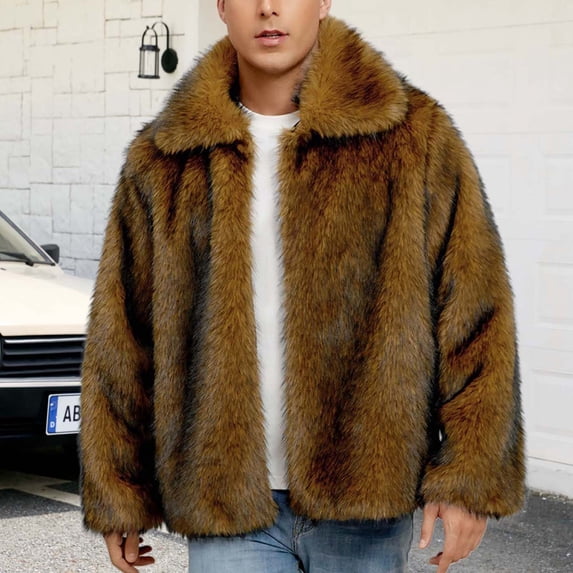 DPTALR Men's Warm Faux Fur Turn-Down Collar Winter Coat Jacket,Brown,Big and Tall Men L