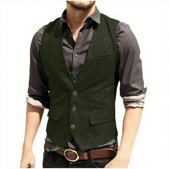 DPTALR George Men's Western Vest Vintage Classic Herringbone Work Suit Vests Retro Tweed Slim Fit Waistcoats Army Green Big and Tall Men XL