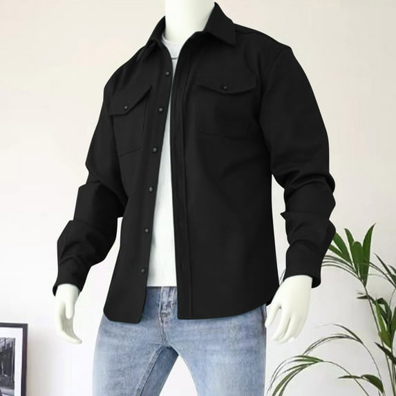 DPTALR Men's Winter Long Sleeve Jacket with Button Closure ,Pockets ,Turn-Down Collar,Black,L